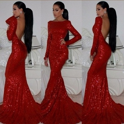 Elegant Red Mermaid Prom Dress UKes UK Long Sleeves High Neck Sparkly Evening Gowns with Sequined_2
