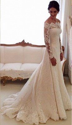 Elegant Long Sleeve Lace Wedding Dress With Long Train And Lace Appliques_2