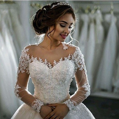 Ball-Gown Beaded Lace Sheer Long-Sleeves Wedding Dresses UK BA4150_3