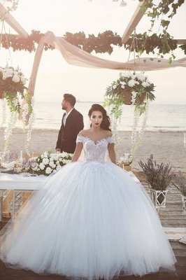 Delicate Tulle Lace Appliques Wedding Dress Off-the-shoulder Ball Gown_4