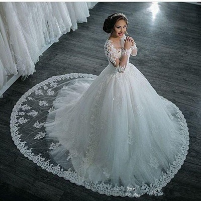Ball-Gown Beaded Lace Sheer Long-Sleeves Wedding Dresses UK BA4150_2