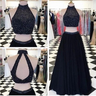 A-line High-Neck Black Two-Piece Beaded Long Prom Dress UKes UK_1