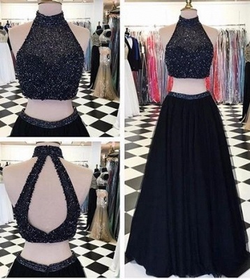 A-line High-Neck Black Two-Piece Beaded Long Prom Dress UKes UK_2