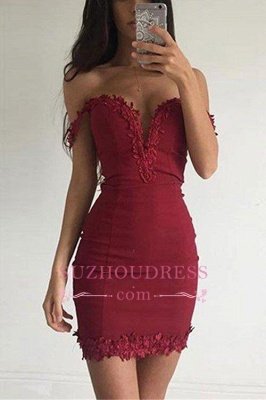 Burgundy Short Elegant Sheath Appliques Off-the-shoulder Homecoming Dress UK BA3581_1