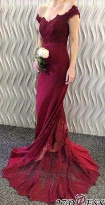 Lace-Appliques Off-the-Shoulder Burgundy Mermaid Long Prom Dress UKes UK BA3997_2