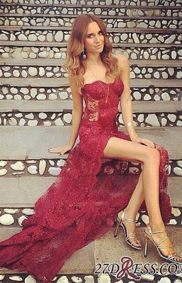 Long Split Stunning Sweetheart Burgundy Full-Lace Prom Dress UK_2