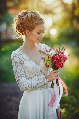Fairy long Sleeve Lace Wedding Dress Zipper Button Back_1