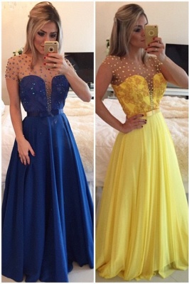 Sexy A-line Illusion Cap Sleeve Evening Dress UK Beadings Appliques Foor-length Chiffon Prom Gown_1