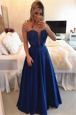 Sexy A-line Illusion Cap Sleeve Evening Dress UK Beadings Appliques Foor-length Chiffon Prom Gown_2
