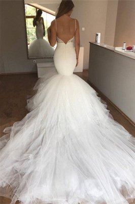 Sexy Mermaid Lace Wedding Dresses UK | V-neck Straps Open Back Bridal Dresses with Tulle Train_3