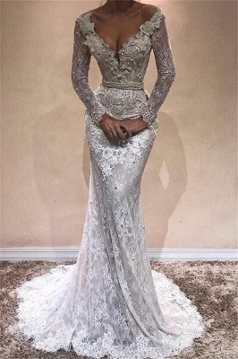 Elegant Sexy Mermaid Long Sleeves Wedding Dresses UK Lace  V-Neck Crystal Evening Dress_1