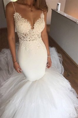 Sexy Mermaid Lace Wedding Dresses UK | V-neck Straps Open Back Bridal Dresses with Tulle Train_1
