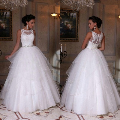 Modern White Scoop Neckline Sleeveless Wedding Dress Appliques Tulle Bridal Gowns_1