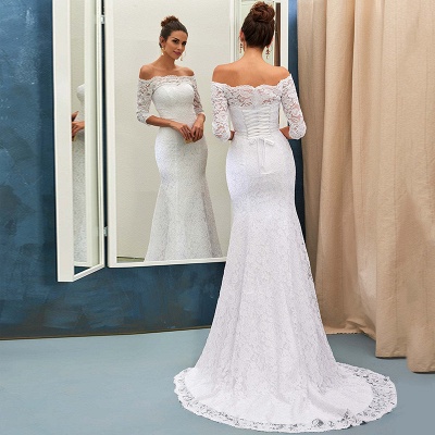 Sheath-Sheath Off-the-shoulder Sweep-train Simple Lace-up Half-sleeves Wedding Dress BA7158_4