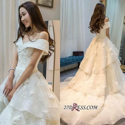 Off-the-Shoulder Floor-Length Elegant Ruffles Lace Princess Wedding Dress_1