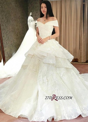 Off-the-Shoulder Floor-Length Elegant Ruffles Lace Princess Wedding Dress_4