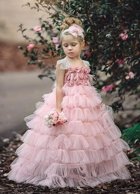 Pink Layers Tulle Flower Girl Dress | 2019 Lace Princess Girls Pageant Dress BA9852_2