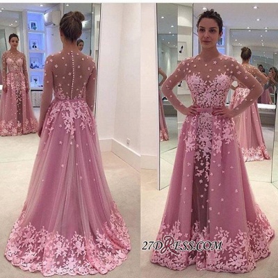 Pink Overskirt Long-Sleeves Sheer Lace-Appliques Prom Dress UKes UK_1