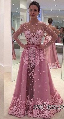 Pink Overskirt Long-Sleeves Sheer Lace-Appliques Prom Dress UKes UK_2