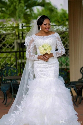 Gorgeous Long Sleeve Plus Size Wedding Dress Sexy Mermaid Lace Appliques With Beads_2