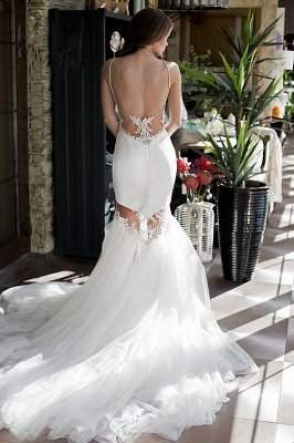 Backless Sexy Mermaid Wedding Dresses UK Spaghetti Straps Appliques Bridal Gowns_4