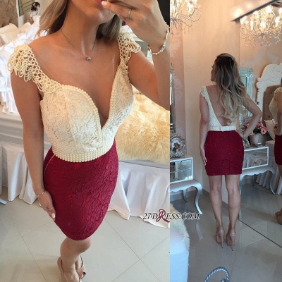 Mini Cap-Sleeve Bow Pearls Lace Bodycon Delicate Short Homecoming Dress UK_5