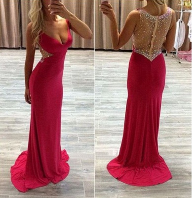 Modern Red Crystals Mermaid Prom Dress UK Sweep Train Zipper_3