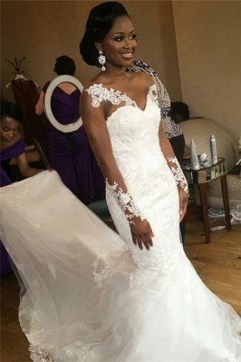 Jewel Lace Sheer-Neck Illusion Appliques Sexy Mermaid Long-Sleeve Nigeria Wedding Dresses UK_1