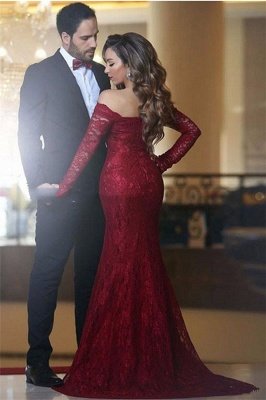 Lace Off-the-shoulder Red Sexy Long Long-Sleeve Mermaid Evening Dress UK BA3596_2
