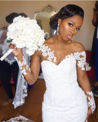 Jewel Lace Sheer-Neck Illusion Appliques Sexy Mermaid Long-Sleeve Nigeria Wedding Dresses UK_2