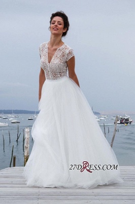 Tulle Simple Short-Sleeves A-line V-neck Chic Wedding Dress_4