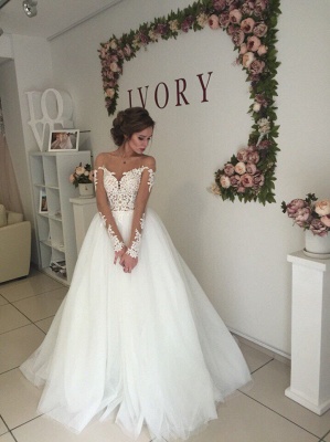 Elegant Off-the-shoulder Lace Appliques Wedding Dress Long Sleeve Tulle BA9085_1