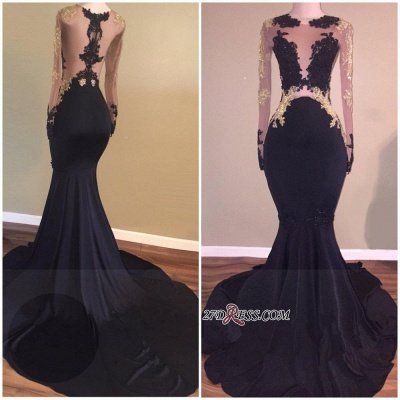 Long-Sleeve Elegant Mermaid Lace Zipper Black Prom Dress UK BA5324_1