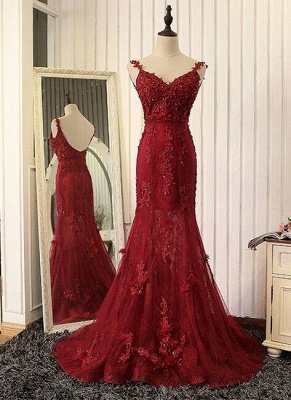 Lace Prom Burgundy Tulle Backless Mermaid Appliques Dress UKes UK Evening Gown_1