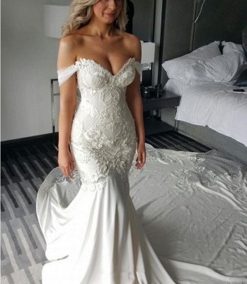 Off-the-shoulder Delicate Sexy Mermaid Train Lace-Appliques Wedding Dress_2