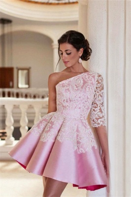 Lovely One Sleeve Lace Appliques Homecoming Dress UK Pink Short Prom Dress UK_1