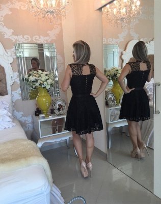 Elegant Black Short Lace Cocktail Dress UK Illusion Sleeveless Sash BA4283_3