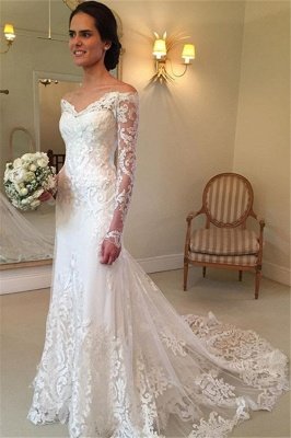 Court-Train Lace Long-Sleeve Sheath V-neck Off-the-shoulder Wedding Dresses UK BA4066_1