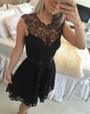 Elegant Black Short Lace Cocktail Dress UK Illusion Sleeveless Sash BA4283_1