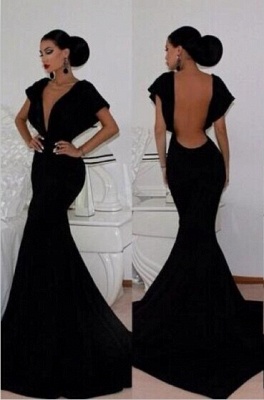 Elegant V-neck Black Mermaid Prom Dress UK Open Back_2