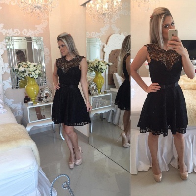 Elegant Black Short Lace Cocktail Dress UK Illusion Sleeveless Sash BA4283_4