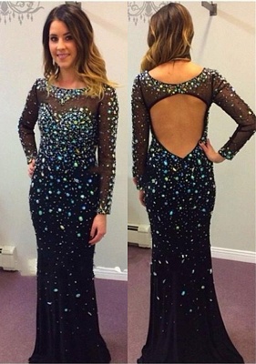 Elegant Black Long Sleeve Prom Dress UKes UK Crystals Long_1