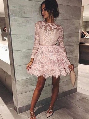Chic Long Sleeves Homecoming Dress UKes UK | Scoop Pink A-Line Cocktail Dress UKes UK_1