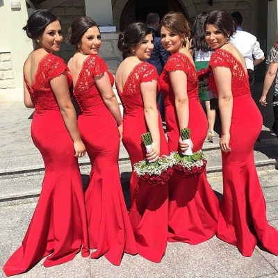 Modern V-neck Red Mermaid Bridesmaid Dress UK With Lace Appliques_3