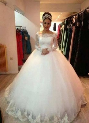 Elegant Long Sleeve Lace Tulle Wedding Dress Ball Gown_1