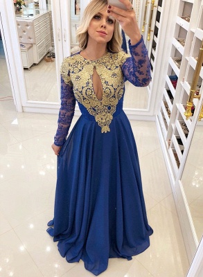 Sexy Royal Blue  Evening Dress UK | Long Sleeve Lace Chiffon Prom Dress UK_1