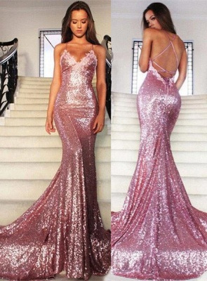 Gorgeous Sequins V-Neck Prom Dress UKes UK Mermaid Spaghetti Straps Party Gowns_3