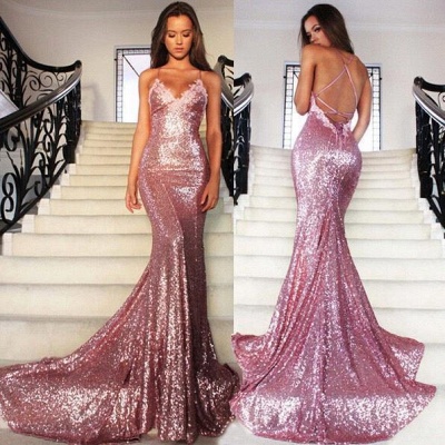 Gorgeous Sequins V-Neck Prom Dress UKes UK Mermaid Spaghetti Straps Party Gowns_4