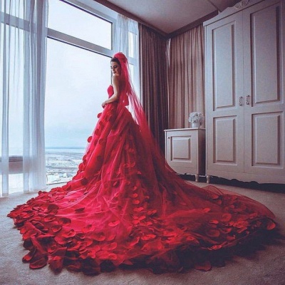 Red Tulle Princess Wedding Dress Flowers Court Train_3