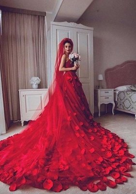 Red Tulle Princess Wedding Dress Flowers Court Train_1
